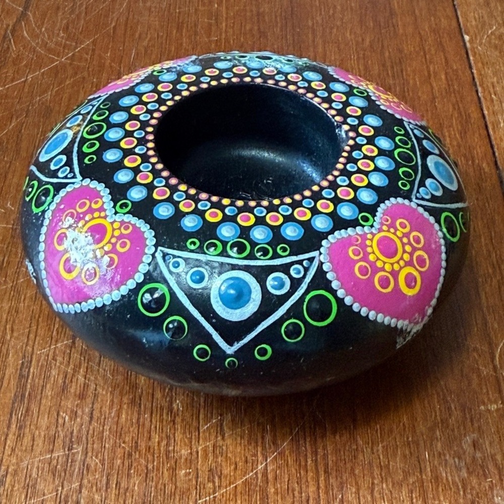 Barb Dudley Hand Painted Mandala Dot Art Stone Tea Light Candle Holder Signed